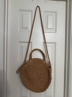 Round Woven “Straw” Shoulder Bag - Tan